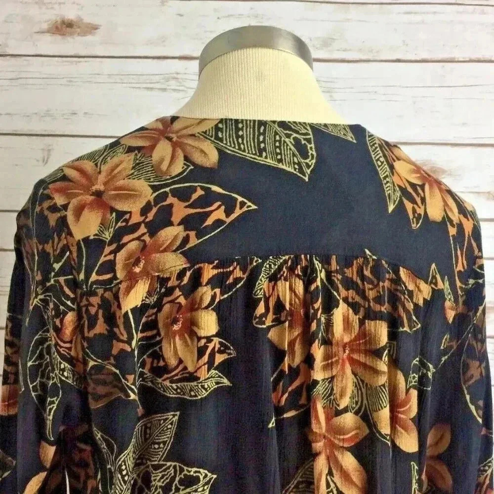 SEQUEL Women Long Sleeve Floral Black & Brown Collarless Cardigan Blouse Size 6 - Picture 4 of 10